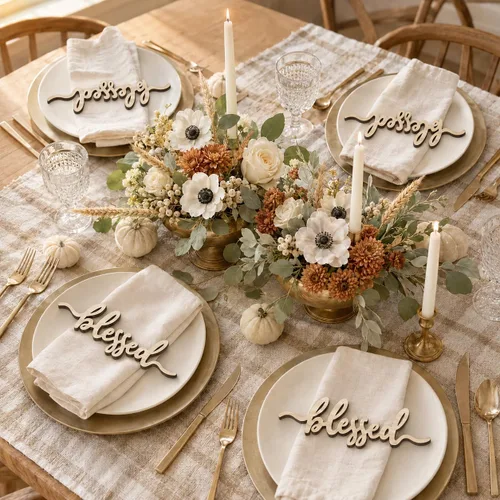 Vista 4 de Tarjetas de lugar de Acción de Gracias Blessed, Thankful, Grateful Letreros de madera para mesa de comedor de otoño, adorno de mesa de casa