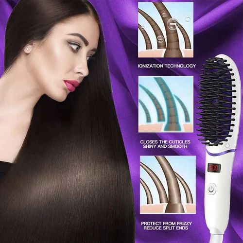 Vista 5 de Cepillo alisador de pelo de tamaño mini para mujer, peine eléctrico antiquemaduras alisador con pantalla LED, cepillo iónico portátil para viajes