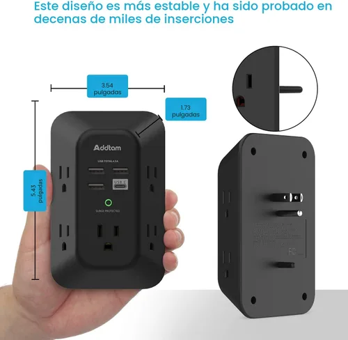 Vista 6 de Cargador de pared USB protector contra sobretensiones - Addtam extensor con 5 tomas de corriente y 4 puertos USB (1 puerto USB C), tira