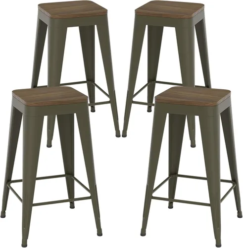Vista 16 de Juego de 4 taburetes de bar de metal, taburetes de bar con respaldo alto con asiento de madera, taburetes de bar negros de 24 pulgadas para isla