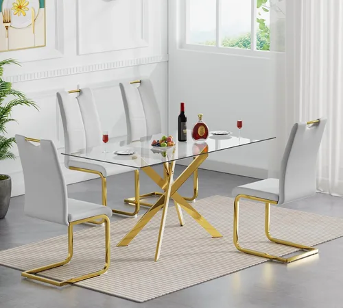 Vista 15 de Henf Juego de mesa de comedor de 5 piezas para 4, mesa de comedor rectangular de 51 pulgadas y 4 sillas de comedor de poliuretano gris carbón, mesa