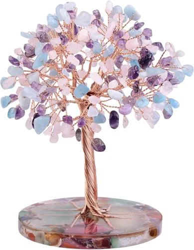 Vista 12 de Nupuyai Árbol de dinero de piedra de cristal aguamarina envuelto en rodajas redondas de ágata orgónica, árbol de la vida, bonsái de Feng Shui