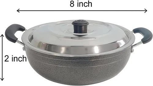 Vista 6 de DBY Kadai antiadherente con tapa de acero inoxidable de 2 litros de sartén profunda antiadherente Kadhai indio para curry, freír y salsa de gas