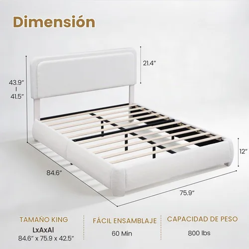 Vista 2 de Flolinda Base de cama tapizada tamaño King con cabecera ajustable, plataforma moderna con listones de madera de tela Boucle, perfil bajo,