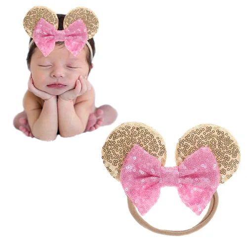 Vista 11 de Diadema de orejas de ratón con lazo de lentejuelas, banda elástica suave para el pelo, diadema de fiesta para bebés, niñas recién nacidas, niños