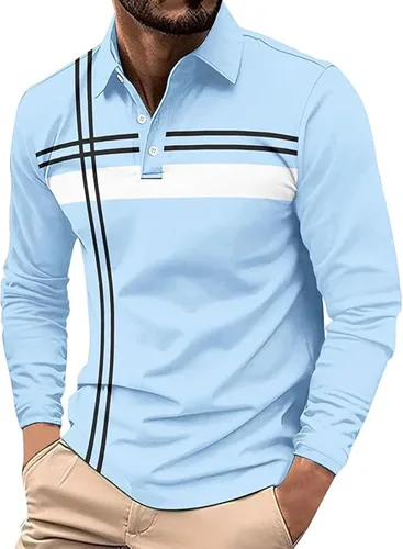 Vista 12 de Polo para hombre, manga larga, ajustado, a rayas, con cuello, talla grande, para golf y otoño