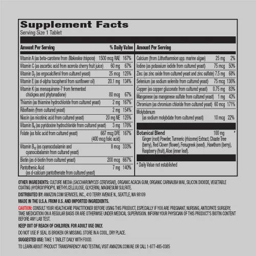 Vista 3 de Amazon Elements Multivitamínico diario para mujeres 40+ One Daily y Multivitamínico diario para hombres (65 tabletas)