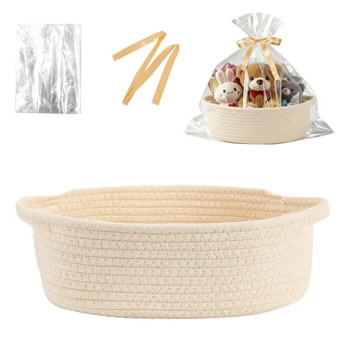 Vista 11 de Cesta para regalos vacía, pequeña cesta tejida con bolsas y cintas, cestas de juguetes para bebé con asas, contenedor de almacenamiento de mimbre