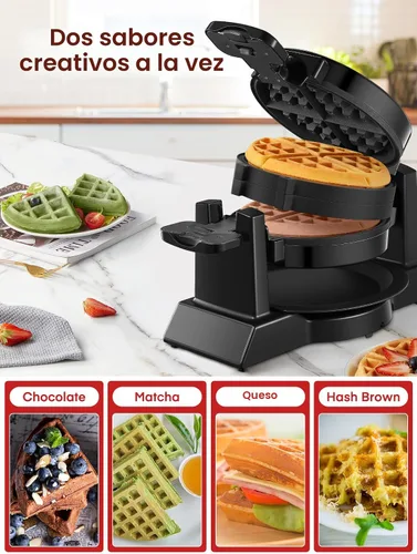 Vista 4 de Máquina para hacer gofres, plancha para gofres belga doble de 1400 W, giro de 180°, 8 rebanadas en 3 minutos, platos giratorios y antiadherentes