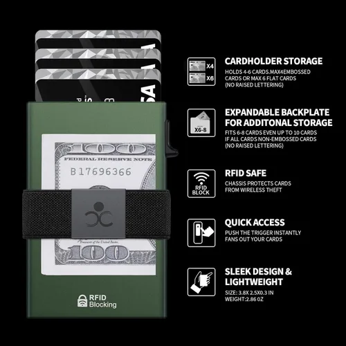 Vista 105 de Cartera delgada de aluminio para hombre, placa trasera expandible duradera, bloqueo RFID, billetera desplegable de metal minimalista, con capacidad