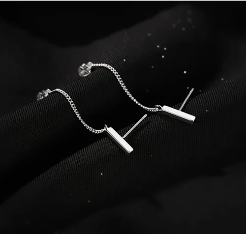 Vista 5 de Reffeer Solid 925 Sterling Silver Bar Chain Dangle Earrings Drops for Women Bar Drop Earrings Chain Studs
