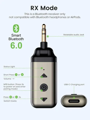 Vista 6 de HVMLAK Air88 Bluetooth 6.0 AUX Adaptador de coche Home Stereo HiFi Receiver, 180° Swivel 3.5mm Audio Jack, ENC Noise Cancelling Mic, 12 Hours
