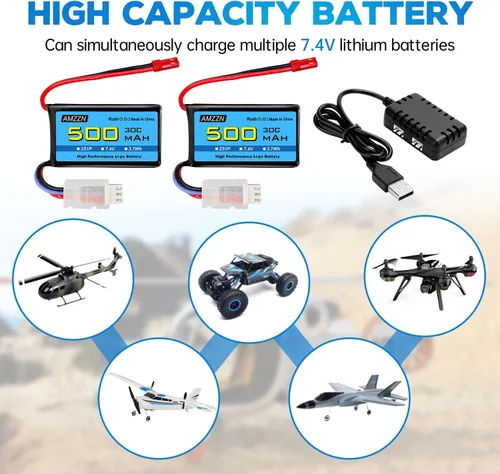 Vista 2 de 2 unids 7.4V 500mAh 30C JST-2P Plug Lipo batería con cargador 2 en 1 para vehículos RC