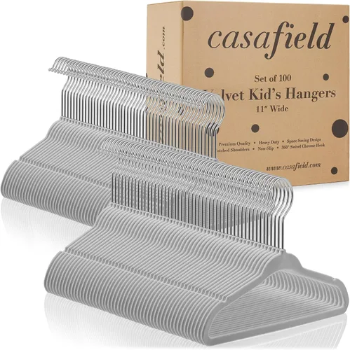 Vista 4 de Casafield 100 perchas de terciopelo para bebé, tamaño de 11 pulgadas para ropa de bebés y niños pequeños, color gris