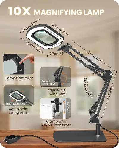 Vista 5 de Lupa cuadrada 10X con luz y soporte, lámpara de escritorio con luz LED 2 en 1 y abrazadera, 5 modos de color regulable continuo, lámpara