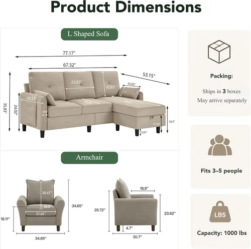 Vista 2 de Sofá Seccional Convertible, Sofá Pequeño en Forma de L de 77 pulgadas, Sofá de 3 Asientos con Chaise de Almacenamiento Reversible y Conjunto