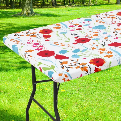 Vista 46 de Smiry Mantel cuadrado para mesa de pícnic, impermeable, elástico, ajustable, para campamento, protector de vinilo con parte trasera de franela Beige