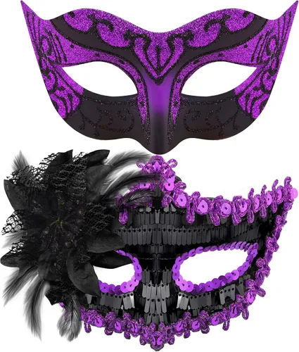Vista 27 de Juego de Máscaras para Pareja de SIQUK, Máscara de Fiesta Veneciana, Máscara de Disfraz