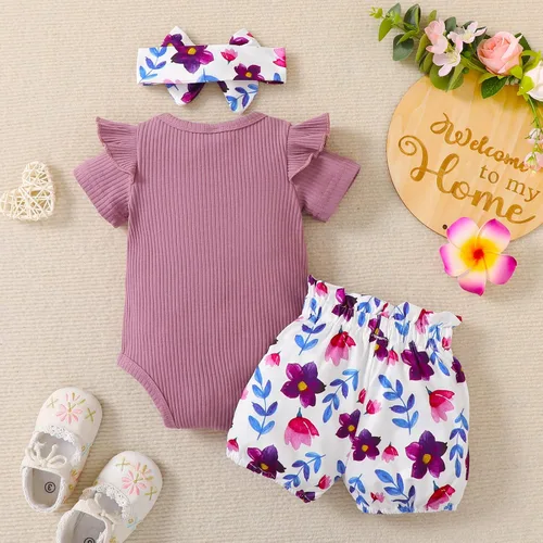 Vista 9 de puseky Conjunto de ropa de bebé para niñas de 0 a 24 meses con letras + pantalones cortos florales + diadema para bebé