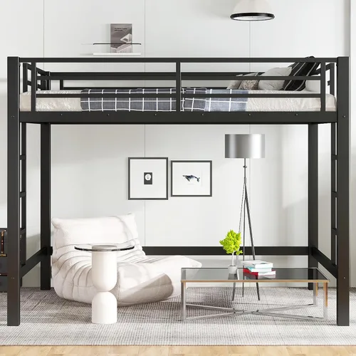 Vista 12 de Twin Size Metal Loft Bed with Open Space Underneath, Heavy Duty Bed Frame with 2 Ladders and Tall Guardrail for Adults, Kids and Young Teens, Black