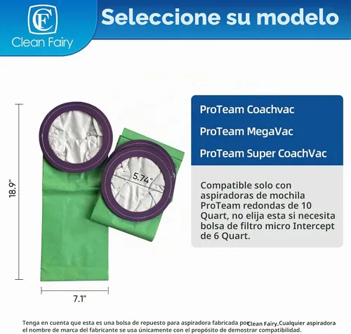 Vista 2 de 10PK 10QT Vac Bolsas para ProTeam CoachVac/MegaVac 100331