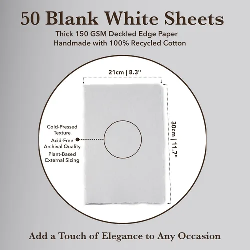 Vista 3 de Wanderings A4 Handmade Deckle Edge Paper (50 Sheets) + 50 White Envelopes (6x9) Bundle