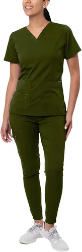 Vista 28 de Adar Pro Scrubs for Women Set - V-Neck & Jogger Cargo Pants, 7 Pockets Blanco
