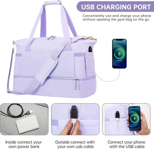 Vista 4 de Bolsa de viaje para mujer y hombre, púrpura, (E-Purple), Bolsa de fin de semana con puerto de carga USB