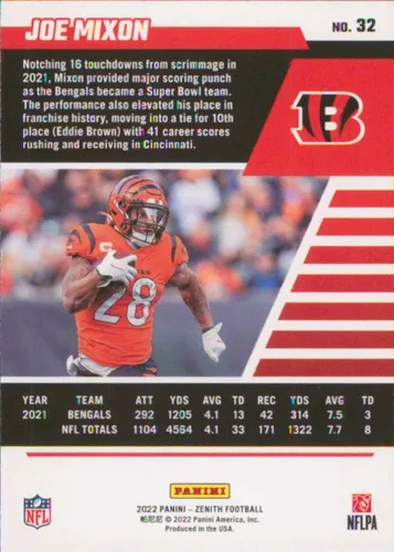 Vista 2 de 2022 Panini Zenith Retail #32 Joe Mixon Cincinnati Bengals Football Card - GotBaseballCards