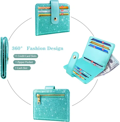 Vista 5 de Simikol Billeteras pequeñas para mujer Slim Minimalistfor Bifold Credit Card Holder para bolsillo o monedero, Glitter Tiffany