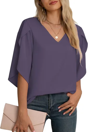 Vista 37 de Blusas de gasa con mangas 3/4 arrugadas de otoño para mujer de Jouica 01amy Verde