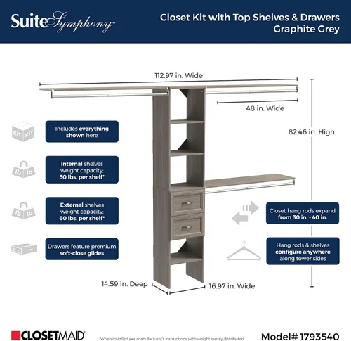 Vista 3 de ClosetMaid SuiteSymphony Juego de organizador de armario de madera con torre, 3 varillas para colgar, estantes superiores, 2 cajones, ajustable