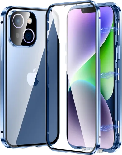 Vista 16 de Funda magnética transparente para iPhone 14 de vidrio con protector de lente de cámara, protector de pantalla integrado sensible al tacto Negro