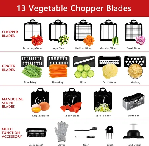 Vista 2 de Picador de verduras 25 en 1 con 13 cuchillas, cortador de mandolina, picador de alimentos con recipiente, rallador de queso, picador de cebolla