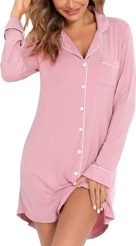 Vista 136 de Samring Camisón de pijama para mujer, manga corta/larga, con botones, camisón para dormir, camisón para novio, talla XXL