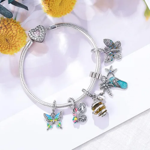 Vista 4 de MULA Pulsera de plata de ley 925 con dije de serpiente y mariposa, girasol y corazón con circonitas cúbicas 5A para mujer