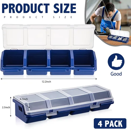 Vista 2 de Hushee Caja organizadora de tornillos de 4 piezas con tapa, 4 compartimentos, organizador de piezas pequeñas, de plástico, apilable, tuercas y Azul