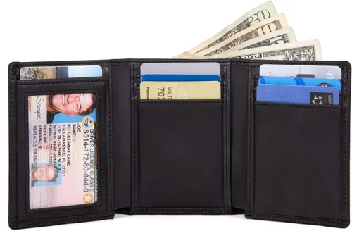 Vista 2 de Billetera de hombre de cuero legítimo con plegado tríptico y protección completa RFID- Cuero rugoso de exquisita calidad, M, Negro