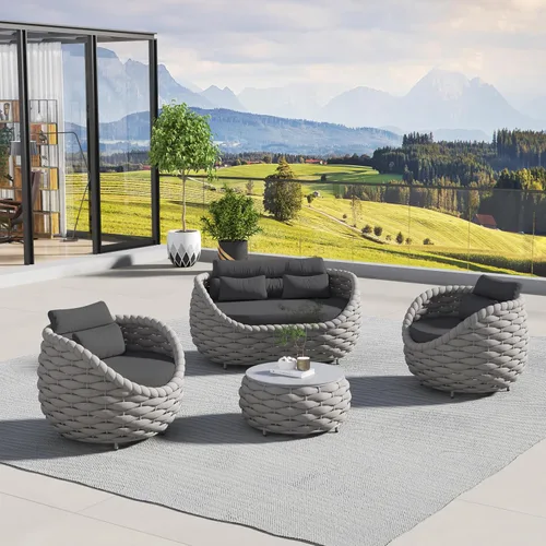 Vista 2 de Juego de muebles de mimbre de aluminio, 4 piezas, color gris Gris oscuro