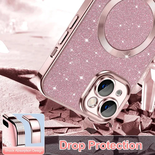 Vista 4 de Hython Funda para iPhone 15 Plus con purpurina, fundas magnéticas transparentes para teléfono con protector de lente de cámara