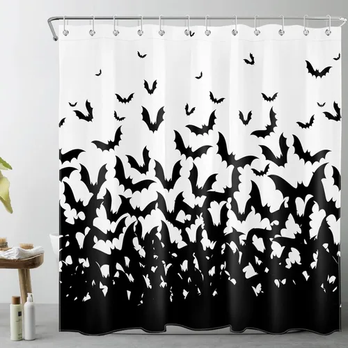 Vista 7 de LB Cortina de ducha espeluznante de murciélago de Halloween para baño, cortina de ducha de tela blanca y negra con ganchos, divertido juego