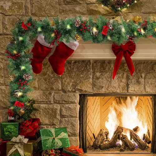 Vista 5 de MorTime Guirnalda de Navidad LED de 9 pies con piñas, lazos de bayas rojas, bolas de Navidad, guirnalda de Navidad multifunción con 50 luces LED
