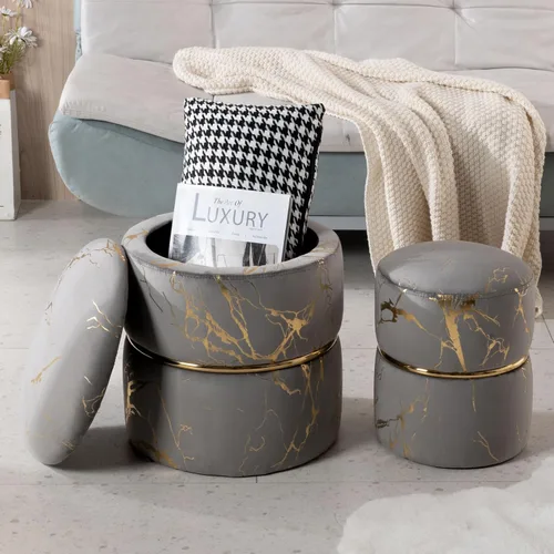 Vista 3 de Furniliving Juego de 2 otomanas redondas de terciopelo para almacenamiento, reposapiés moderno, tapizado, tela bronceada, taburete de tocador