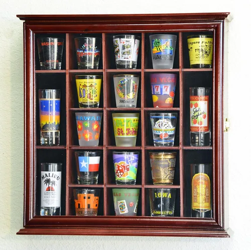 Vista 4 de 21 Shot Glass Shotglass Shooter Display Case Holder Cabinet Wall Rack 98% UV Lockable negro (Black Finished)