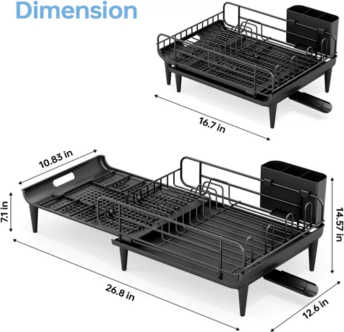 Vista 3 de TOOLF Escurridor de platos grande, escurridor de platos expandible para encimera de cocina, escurridor de platos multifuncional, elementos Negro
