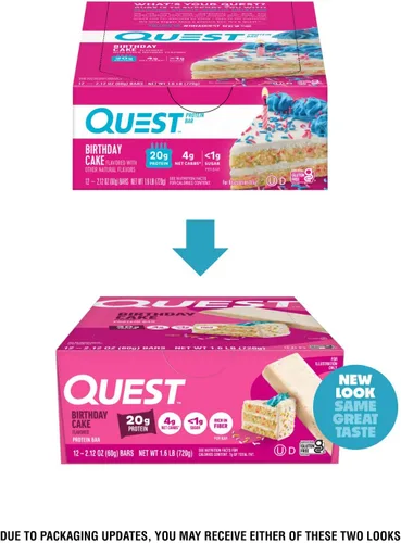 Vista 2 de Barras de proteínas Quest Nutrition Pastel de Cumpleaños, 20g de proteína, 1g de azúcar, 4g de carbohidratos netos, sin gluten, aptas para ceto, 12