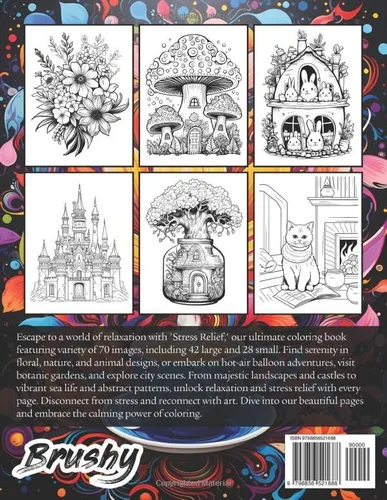 Vista 2 de Stress Relief Coloring Book Variety of 70 images, Jar Worlds, Fairy Homes, Animals, Flowers, Mandalas, Castles, Boho, and a lot more, great for Zen