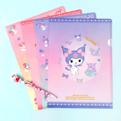 Vista 4 de Cute Kitty Character Friends Melody Kuromy Suministros Escolares Suministros de Oficina Carpeta en L Soporte de Papel Juego de 2 Piezas (1 Juego)