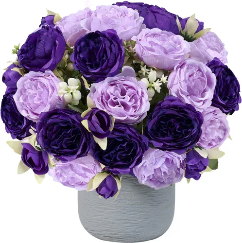 Vista 27 de Flores artificiales de seda, ramo de peonías sintéticas beige, 4 paquetes de arreglos florales para decoración de casa de campo, centro de mesa