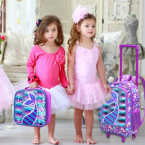Vista 8 de 3 mochilas con ruedas para niñas, mochila escolar con ruedas y bolsa de almuerzo, sirena